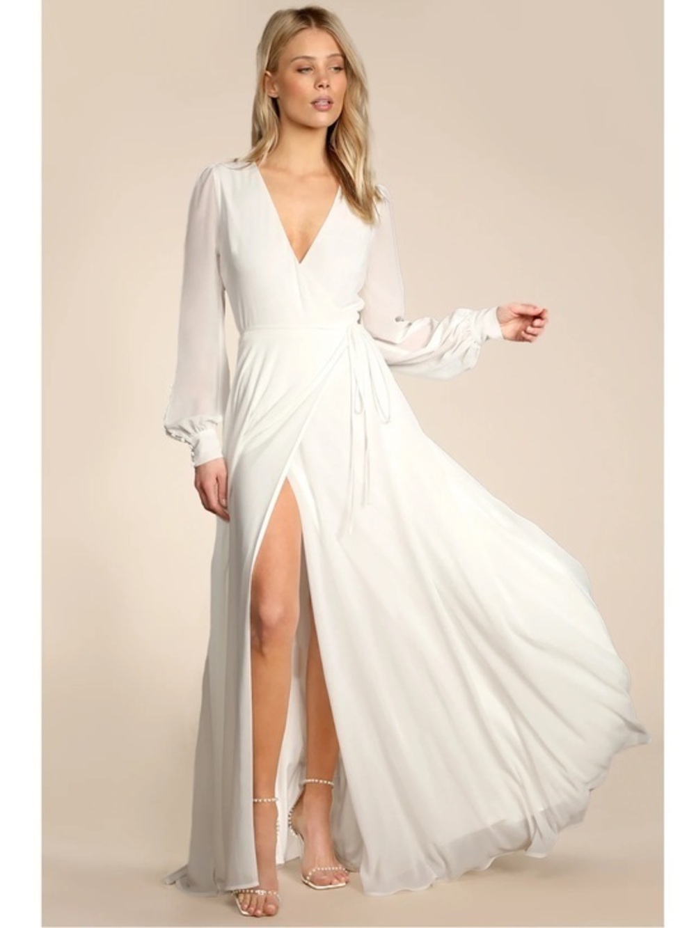 NWOT Lulu’s My Whole Heart White Long Sleeve Wrap Maxi Wedding Dress Small Chic